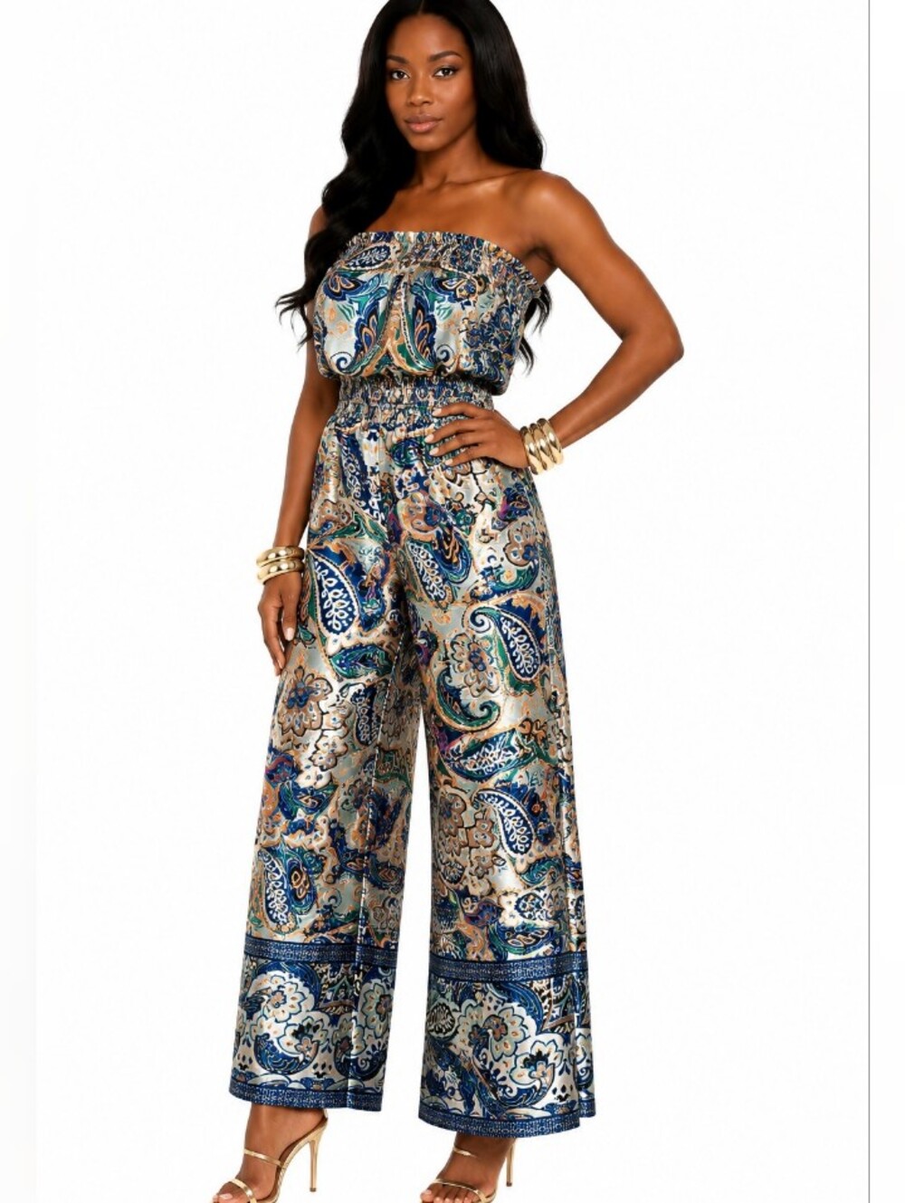 TRUTH NYC Strapless Paisley Jumpsuit in Navy, Teal & Tan - SIZE Medium NWOT